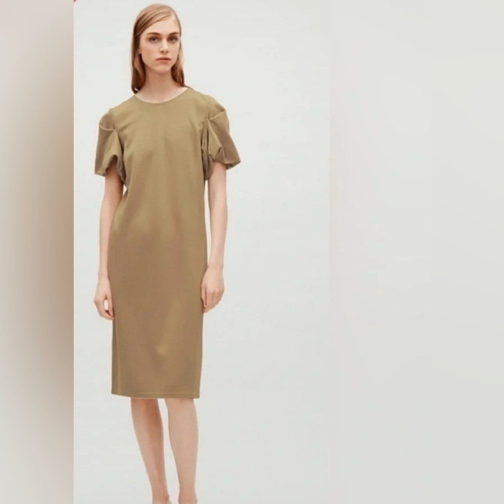 COS M Glossy Minimalist Taupe Puff Bubble Short Sleeve Shift Scandi Style Dress - Picture 2 of 16